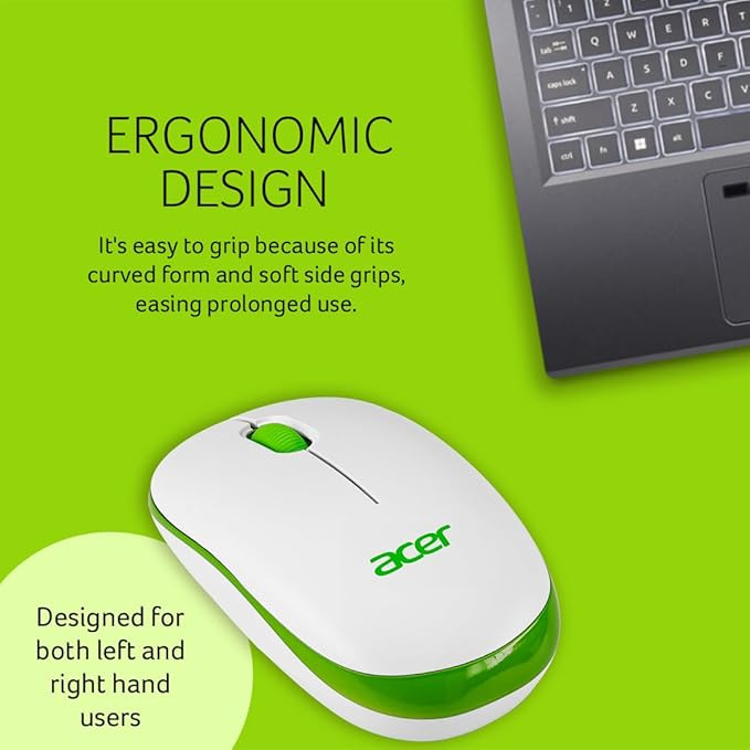 acer Flow Wireless Mouse | 1600 DPI Optical Sensor | 2.4GHz Wireless with USB Nano Receiver | Ergonomic Lightweight Design | Smooth Tracking for Laptop, PC & Mac – White/Green