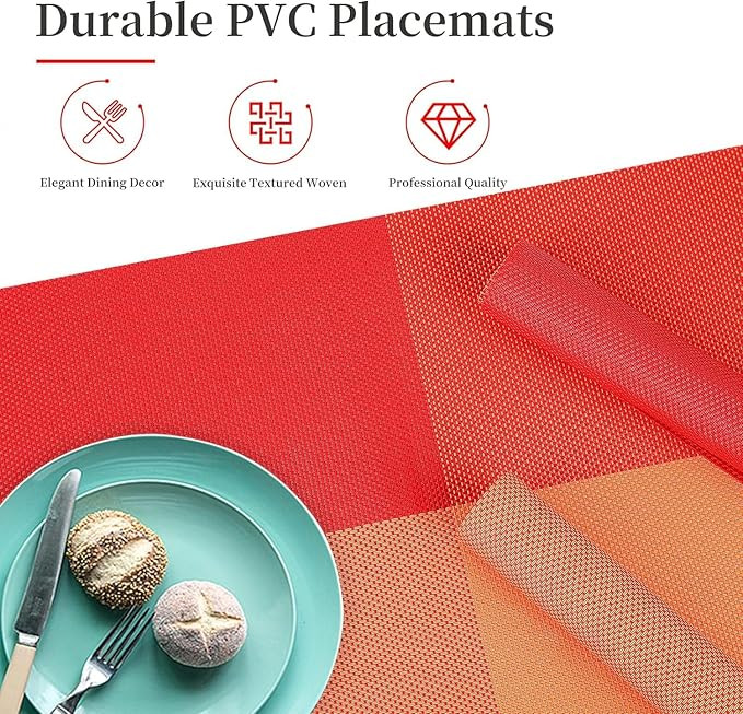 Easy to Clean Non-Slip Heat Resistant Dining Table Place Mats,PVC Tap Set Heat Resistant Placemats Stain-Resistant,Washable Kitchen Dinner Table Place Mats,Easy to Dry (Orange, Set of 6pcs)