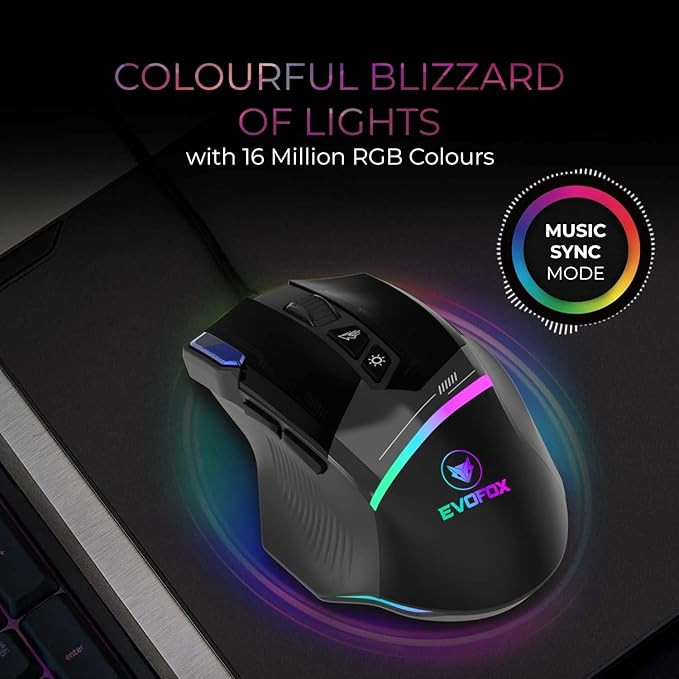 EvoFox Blaze Ultra Value 8 Button Programmable Gaming Mouse with 1000Hz Polling Rate | Gaming Grade DPI 200 to 12800 | Ultra-Responsive 7000fps | RGB Lights with Music sync Mode | Windows Software