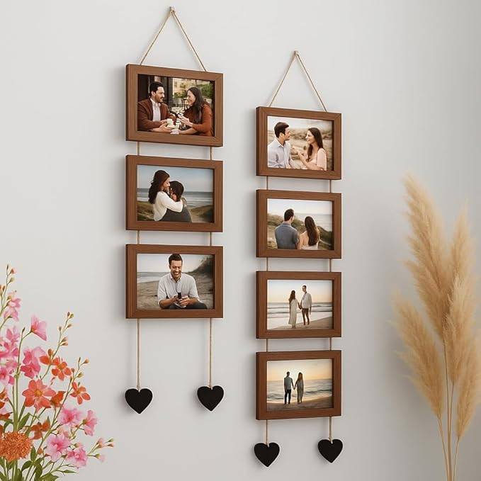 Stuthi Arts Hanging Photo Frame Collage Set, 5x7 inch, 7 Picture Frames with Heart Accents (Brown)