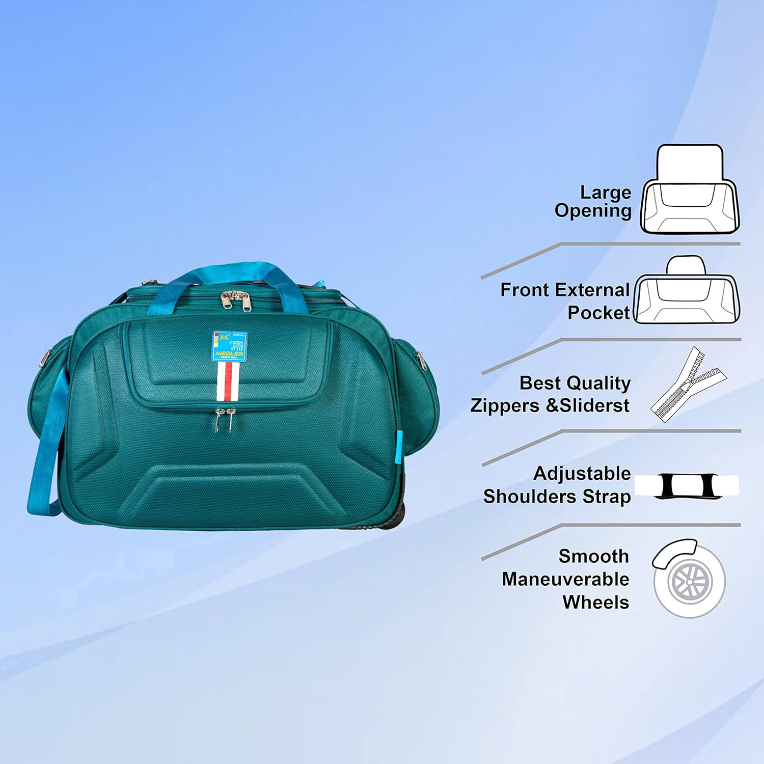 M MEDLER Derben Nylon 55 Litres Waterproof Strolley Duffle Bag- 2 Wheels - Luggage Bag (Turquoise), Inline_Skate_Wheel