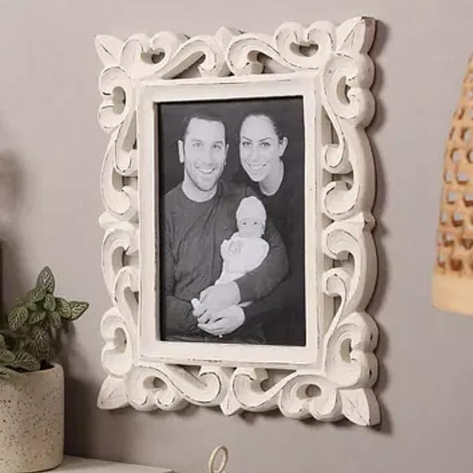 Wooden H& Carved Photo Frame for Wall Mounted & Tabletops Display - 27L x 22W Centimeter Picture Frame - Wood Carving Decorative Home Decor Accessories Distressed Finish (White)Rectangular
