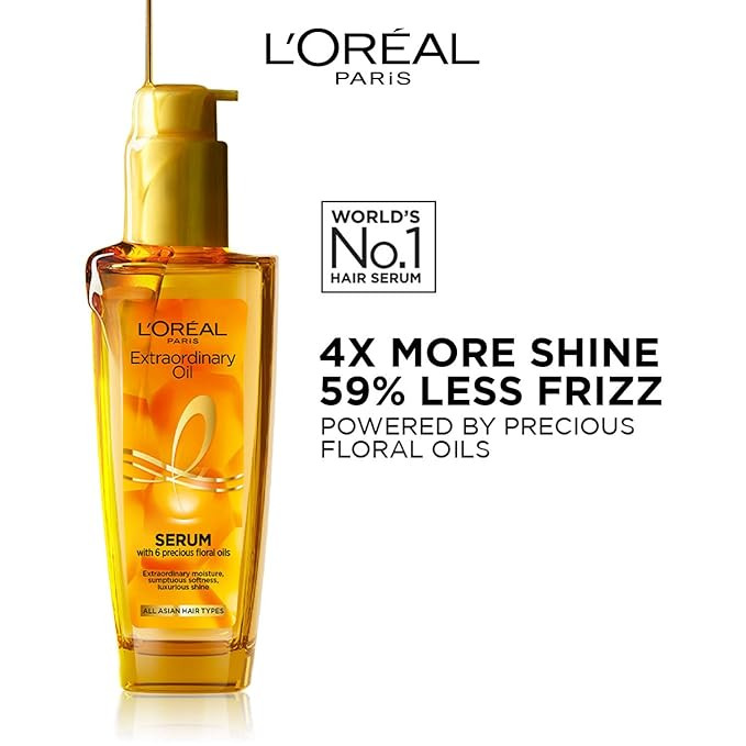 L'Oreal Paris Extraordinary Oil Hair Serum Powered by Floral Oils for All Hair Types, Volume- 100 ml, Makes hair frizz-free, stronger, shiny and provides UV and Heat Protection, Lightweight Formula