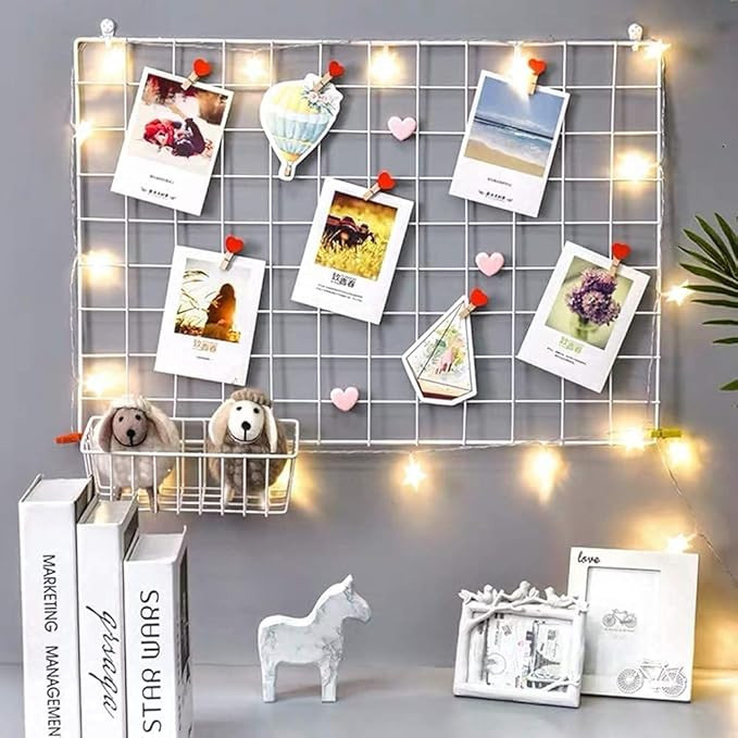 Steel Grid Photo Frame for Wall with 10 Wooden Deginer Clips | DIY Metal Mesh Wire Grid for Photo Display, Wall Decor, Memo Organizer | Aesthetic Room Decoration for Home, Living Room & Office (White, 65x45cm)