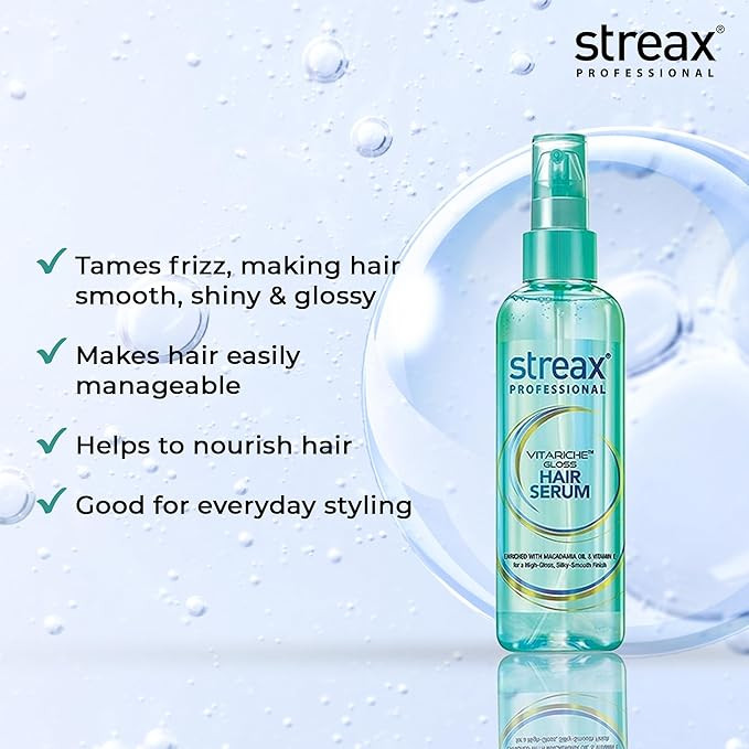 Streax Professional Vitariche Gloss Hair Serum, 200ml|for Dry Frizzy Hair|for Women|Enhance Shine and Smoothness, Anti Frizz |With Vitamin E & Macadamia Oil| For Curly Hair, Straight Hair, Wavy Hair