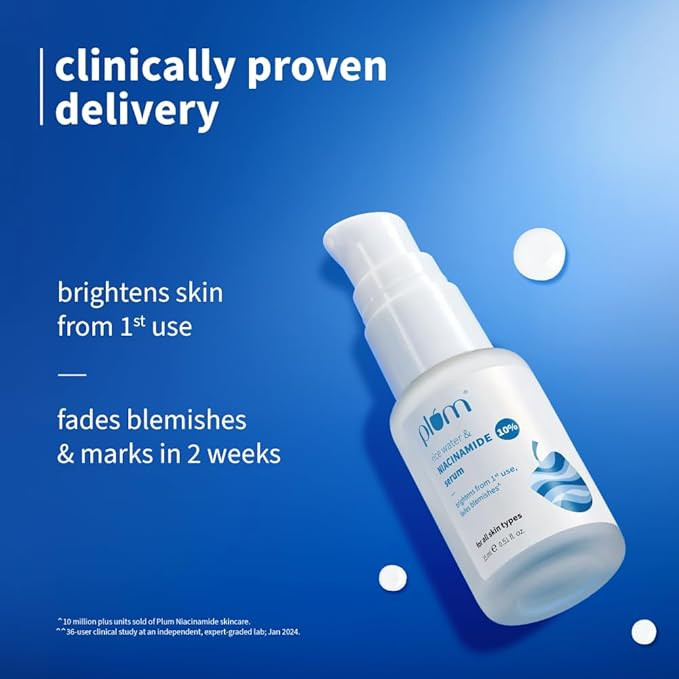 Plum 10% Niacinamide Serum with Rice Water | Provides Clear, Glowing & Brightening Skin | for Acne Prone, Combination, Oily & Sensitive Skin | Oil Control & Anti Acne Face Serum for Women & Men | 15ml