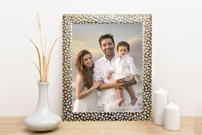 Photo frame 8x10 Inch Golden-White GOL Color flexiable Glass (acrylic) & synthetic wood customized Hanging/Table Top & Wall Decoration for gifting Items