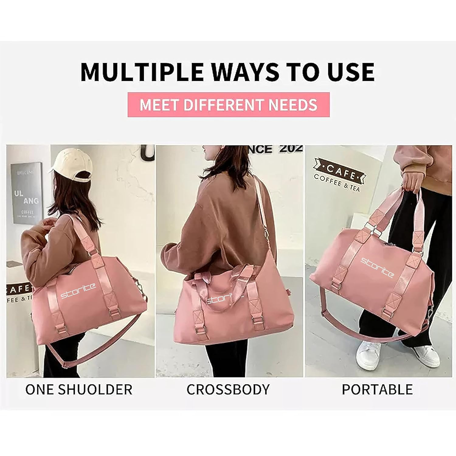 Storite Nylon 47 Cm Travel Duffle Bag, Sports Shoulder Bag for Women with Wet Pocket Weekender Overnight Luggage Bag - (Pink, 47 x 16 x 30 Cm)