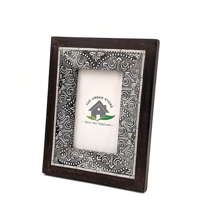 Adan's Homes Photo, Picture Frame Wooden Table Top Wood Finish Color 4"x6" Pack Of One Antique Style Elegantly Hand Crafted Floral Metal Inlay Frame For Home And Office Decor AHPF08