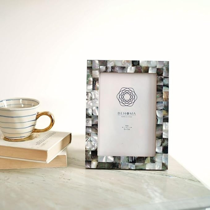 BEHOMA Wood Elegant Mother Of Pearl Handcrafted Picture Rectangular Photo Frame Tabletop | Best Gift For Home Decor, Birthday, Anniversary, Valentine'S Day (Black, 5X7 Inches)