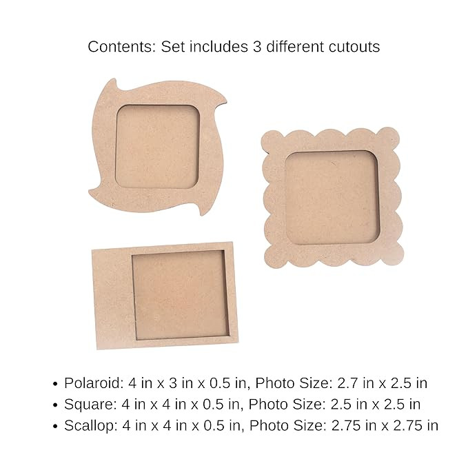 IVEI DIY MDF Wood Sheet Craft Magnet - Plain MDF Fridge Magnet Blanks Cutouts Set for Painting Wooden Sheet Craft, Decoupage, Resin Art Work & Decoration (Photo Frames x 3)