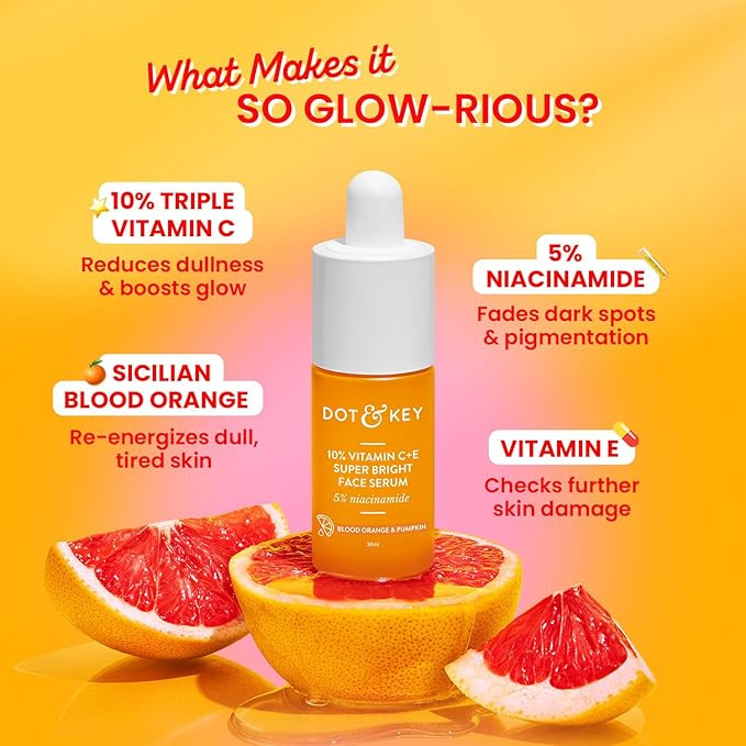 DOT & KEY 10% Vitamin C + E Serum with 5% Niacinamide,for Glowing Skin,Fades Dark Spots & Hyperpigmentation,Infused with Blood Orange & Pumpkin,Targets Dull & Uneven Skin,For All Skin Types,20ml