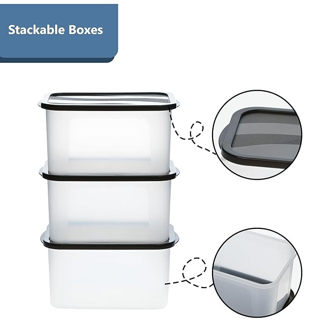 Kuber Industries 3 Pcs Small Plastic Boxes for Storage With Lid - Pooja & Office Items, Baby Clothes & Diaper Organizing Transparent Boxes | Black