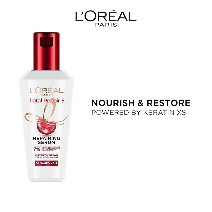 L'Oreal Paris Total Repair 5 Hair Serum For Damaged Hair | Powered by Keratin XS Technology| Fights 5 Signs of Hair Damage- Frizz, Breakage, Dryness, Stiff Hair, and Split end - 80 ml