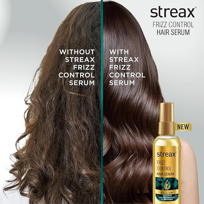 Streax Frizz Control Hair Serum for Dry Frizzy Hair- 100 ml, 72hrs Frizz Free Hair, For Women & Men, With Bio – Elixir, 84% Frizz Reduction & 11X smoothness