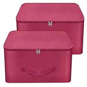 Storite 2 Pack Nylon Wardrobe Bag Underbed Moisture Proof Cloth Storage Organizer, Storage box for Clothes Saree Bags with Zippered Closure & Handle (Magenta, 37x34x23 cm)