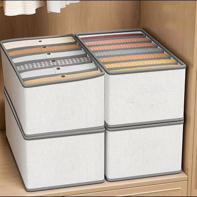 JD FRESH 7 Slot Non-Woven Fabric Clothing Storage Box/Foldable Wardrobe Organizer/Multipurpose Storage Organisers for clothes/Shirts/T-Shirts/Dress/Sweaters/Jeans (Pack of 4, White)