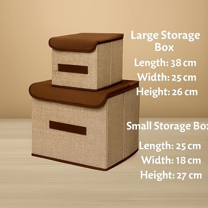 ZOVIRA Set of 2 Non Woven Foldable Space Saver Storage Box Wardrobe Closet Organizer Stackable Basket/Bins with Lid & Handle for Clothes, Toys, Books (Beige & Brown)