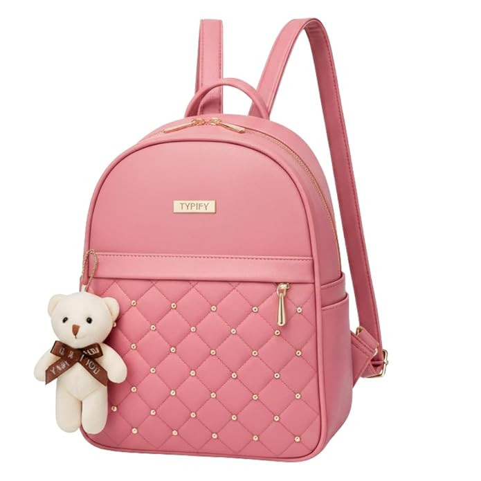 TYPIFY® Teddy Keychain Faux Leather Backpack for Women – Stylish, Lightweight, Spacious Bag for School, Office, College & Travel – Trendy Everyday Use Backpack for Girls | Gift for Her