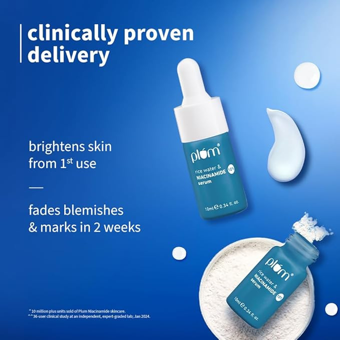 Plum 10% Niacinamide Serum with Rice Water | Provides Clear, Glowing & Brightening Skin | for Acne Prone, Combination, Oily & Sensitive Skin | Oil Control & Anti Acne Face Serum for Women & Men | 10ml
