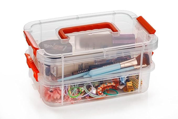 UCRAVO 2 Layer Plastic Storage Containers with Lids, Multipurpose Clear Stack & Carry Box, Portable Craft Organizers, and Storage Bin for Organizing Arts & Crafts, Sewing, stationery box,(MultiColor)