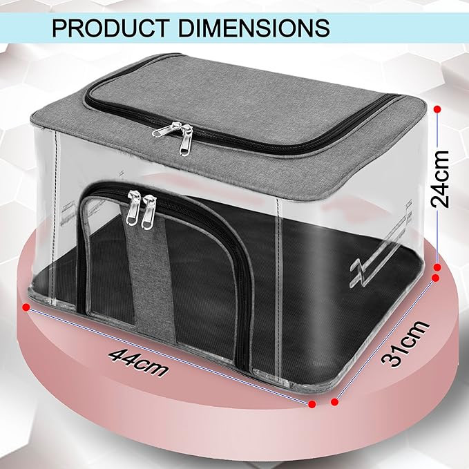 Storite Nylon 33 L PVC Transparent Moisture Proof Storage box for Clothes Closet Wardrobe Organizer for Clothes Saree Bags with Carry Handle (Grey, 44L x 31W x 24H cm)