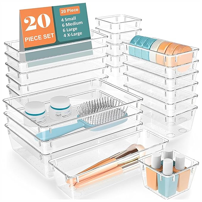 JD FRESH Polypropylene Set of 20 Drawer Organiser/Unbreakable Drawer Organizers/Dressing Table Organizer/Multi-Purpose Storage Boxes/Drawer Divider Tray for Kitchen/Bedroom/Office -(Clear Transparent)