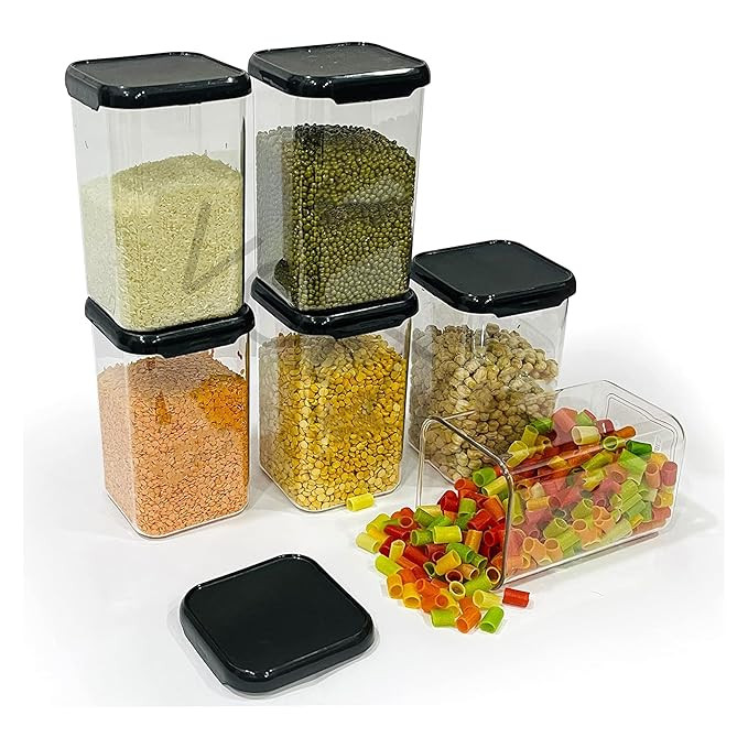 VOLTURI Air Tight Kitchen Containers Set of 6, Kitchen Storage Box for Pulses, Cereals, Grains, Dry Fruits, Pantry Organization, Kitchen Accessories Items for Home, Food Grade (1200 ML, Transparent)