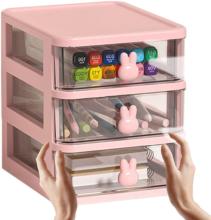 House of Quirk 3 Tier Transparent Cosmetic Jewelry Box, Office Desktop Drawer Storage Box, Plastic Multi-Layer Small Storage Box (Pink)