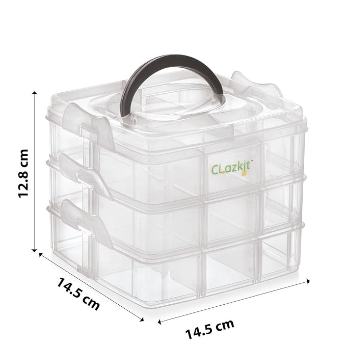 Clazkit Jewellery Organisers Plastic 3 layer 18 Grid Square Portable Transparent Storage Detachable Box Organizer Case for jewelry sewing button earrings Hair (Transparent), 14.5x14.5 cm