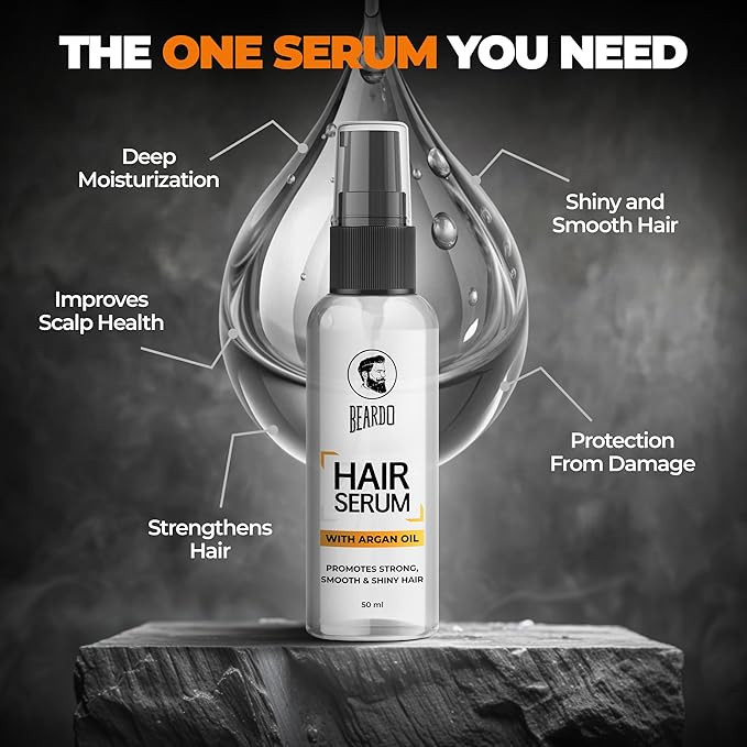 Beardo Hair Serum 50ml for Instant Shine & Anti-frizz with Argan Oil, Made for Men's Hair, Super Light-weight | Provides shine, smoothness and damage protection | Luxurious Shine, Frizz-Free Hair Serum for Men