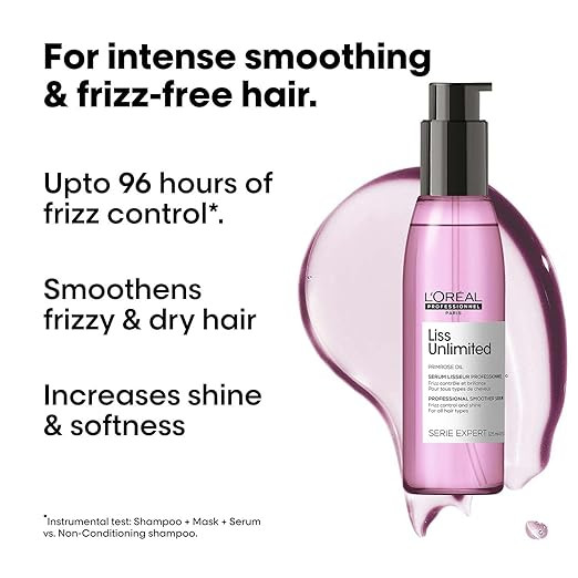 L'Oréal Professionnel Liss Unlimited Leave-In Hair Serum for Frizzy & Unruly Hair - 125ml | Intensive Smoothing Serum for Frizz-Control | Enriched with Primrose Oil | Increases Softness & Shine