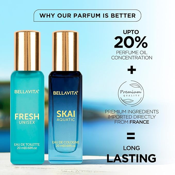 BELLAVITA Skai Aquatic EDC & Fresh EDT | Long Lasting 2x20ml Perfume for Man and Woman | with Bergamot, Ylang Ylang, Pink Pepper | Premium Unisex Fragrance for Men & Women