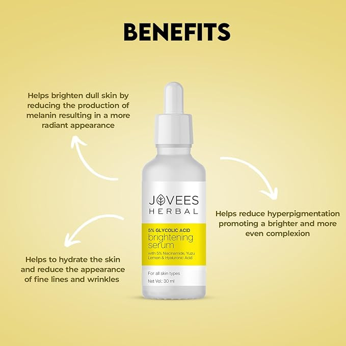 Jovees Herbal 5% Glycolic Acid Brightening Serum With 5% Niacinamide Yuzu Lemon & Hyaluronic Acid | Improves Skin Texture & Uneven Skin | For All Skin Types | 30 ml