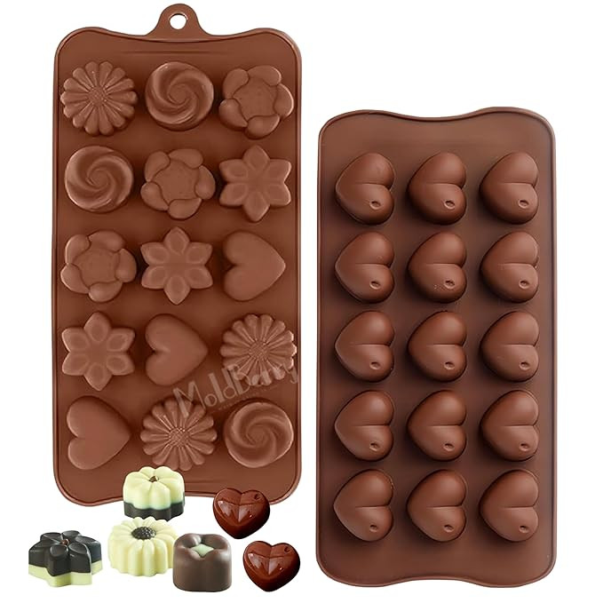 MoldBerry Silicone Chocolate Moulds Set of 2 | Heart & Flower Shape Candy Molds for Chocolate, Jelly, Gummies | Flexible, Non-Stick, Reusable Baking Trays | Mini Silicone Molds for DIY Sweets
