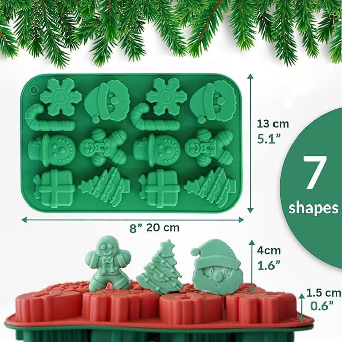 14-Cavities Christmas Chocolate Mould, Candy Baking, 3D Snowflake Cane Snowman Xmas Tree Gingerbread Man Santa Claus Gift Box Shape Mold for DIY Handmade Soap Candles Jelly Fondant, Gummy