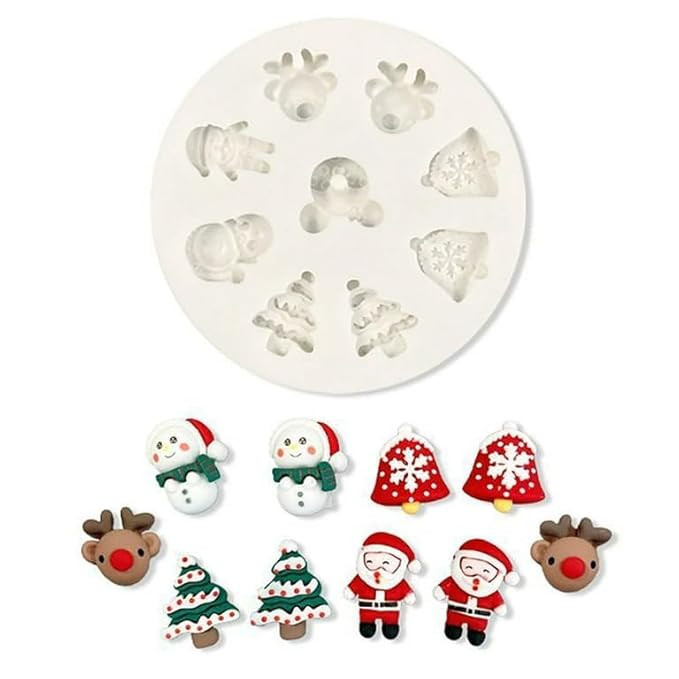 9 Cavities Mini Christmas Silicone Fondant Mould Chocolate Candy Cake Molds Snowman Tree Santa Claus, Reindeer Baking Molds for Xmas New Year Party Decor SLH 901 (Pack of 1)