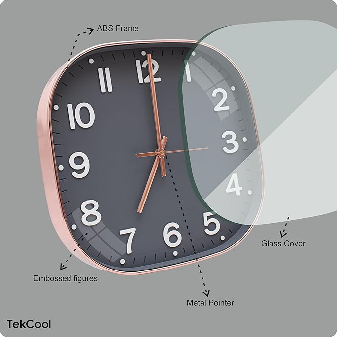 TEKCOOL Plastic Analogue Wall Clock 12" Silent Quartz Decorative Latest Wall Clock Non-Ticking Classic Clock Battery Operated Round Easy to Read for Room/Home/Kitchen/Bedroom/Ofice/School.Grey copper'