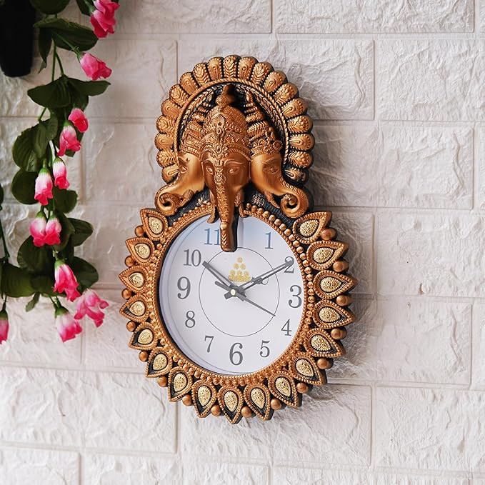 Webelkart Premium Plastic Designer Stones Ganesha Wall Clock for Home and Office Décor, Living Room, Bedroom (Copper, 12 Inch) Analog