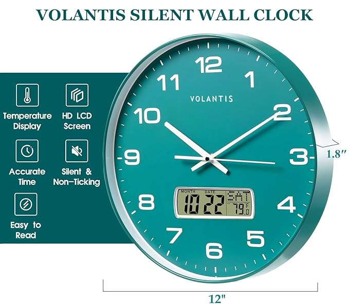 VOLANTIS 12 Inch Non-Ticking Silent Wall Clock with LCD Display for Perpetual Calendar and Temperature,Analog,Digital,Fibreglass (Green)