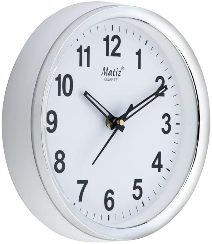 Click to see full view   VIDEO     Matiz 101 Round Wall Clock Silver Color Plastic Case White Dial Analog for Living Room Home Decorations Office (Size: 20 x 20 CM)