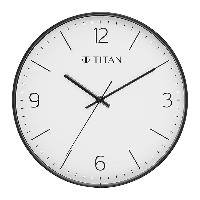 Titan Essence Classic Wall Clock – 30cm, Black Case & White Dial, Silent Sweep Movement, Non-Ticking, Stylish Wall Clock for Home & Office – W0094PA04