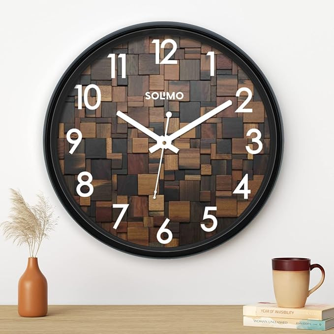 Amazon Brand - Solimo 12-inch Plastic & Glass Wall Clock - Wood Craft (Silent Movement), Black