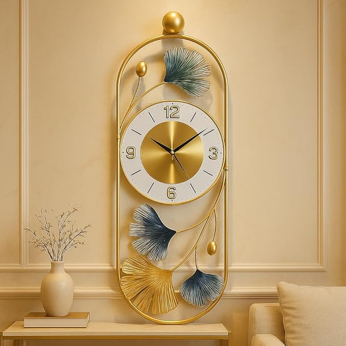 RIOH Luxury Metal Wall Clock for Living Room – Modern Large Designer Wall Art Clock, Golden Finish, Silent Sweep Movement, Decorative Big Wall Clock for Home, Office & Hallway (WH-1) ((WH-10))