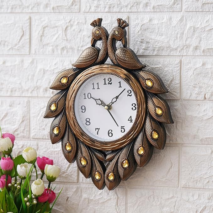 Decorative Wall Clock with Peacock Design, Bronze Finish, LED Lights, 12 x 9.5 inches