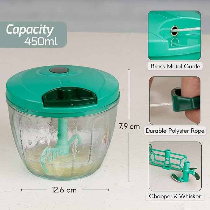 The Earth Store 450 ML String Chopper for Kitchen | Manual Chopper for Vegetable, Onion, Garlic Cutter | 3 Blades & 1 Plastic Whisker | Set of 1