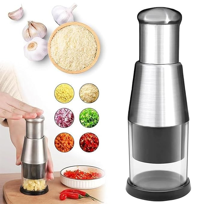 PANCA Manual Garlic Crusher & Chopper | Stainless Steel Hand Press Mincer Cutter for Garlic, Onion, Chilli, Fruits & Vegetables | Easy Chop Mini Food Processor Kitchen Tool (Silver, Manual)