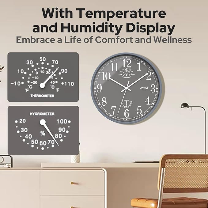CostarMatter Wall Clock for Living Room Stylish Latest - Analog Wall Clock with Temperature and Humidity, Non Ticking Silent Wall Clock for Bedroom Stylish, Big Wall Clock for Home