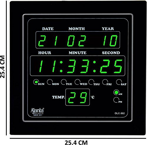Ajanta Quartz Glass Abstract Digital Green LED Square Wall Clock OLC - 302 (25.4 cm x 25.4 cm x 3.5 cm)