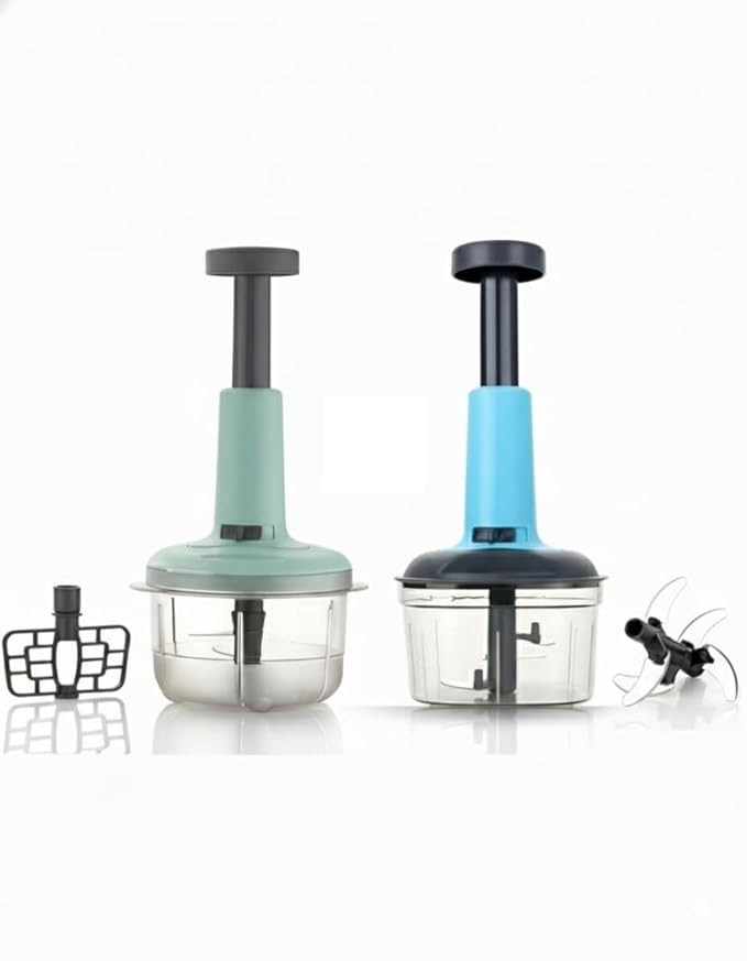 Combo of Push Chopper 650 ml Set of 2| with 3 Sharp Stainless Steel Blades|For Effortless Vegetable,Onion,Tomato & Fruit Cutting.Must for Indian Kitchens Green + Blue).